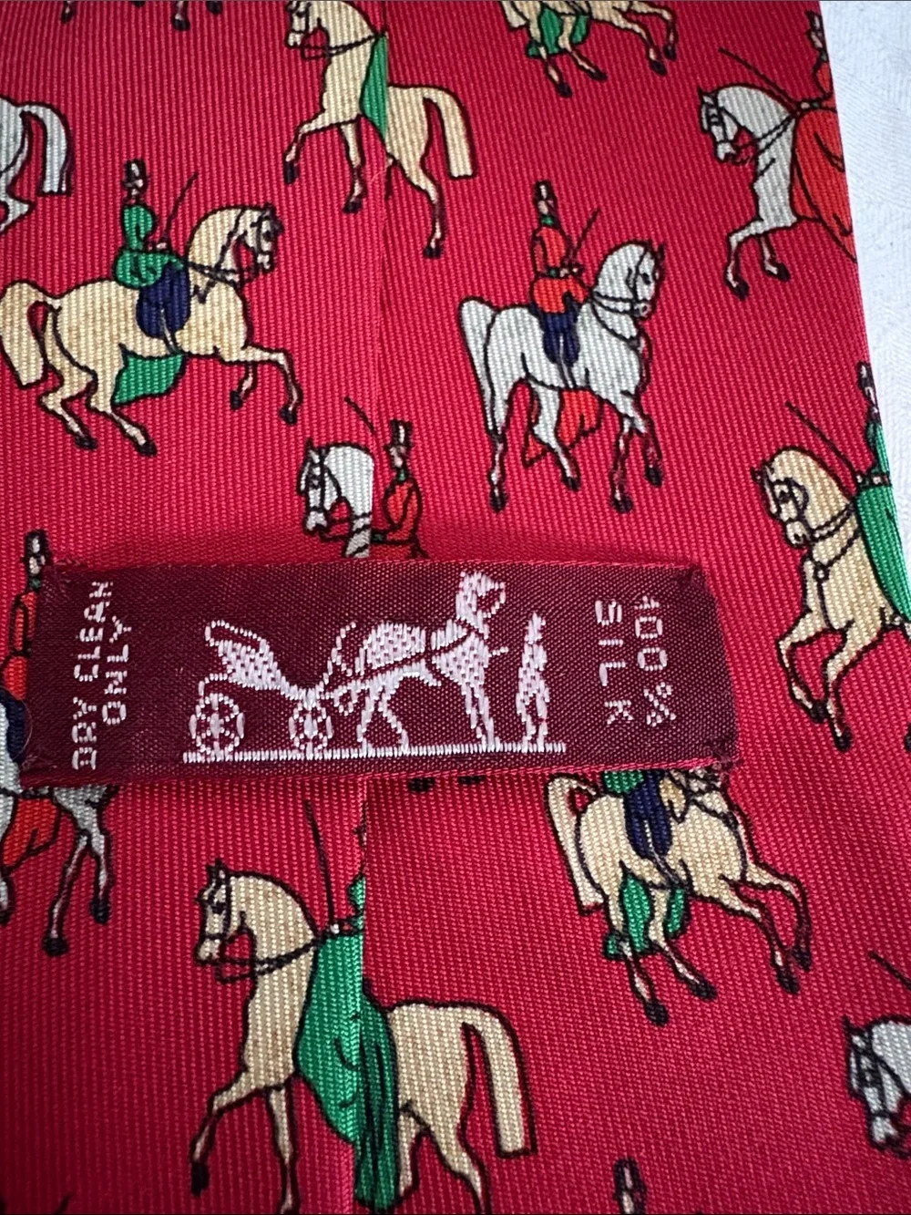 Hermes Red Silk Tie with Equestrian Rider Print